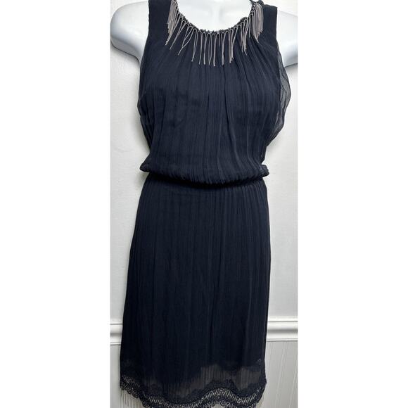 Eli Tahari Silk Demetria Dress 4 Navy Blue Sleeveless Lace Metal Fringe Party - Picture 1 of 10